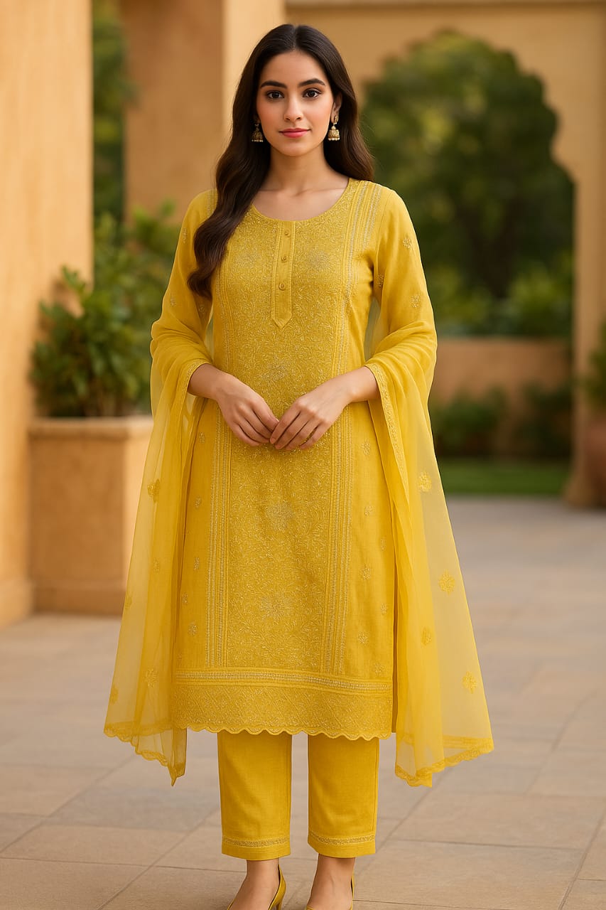 Pant Set with Chiffon Dupatta with thread Lay's