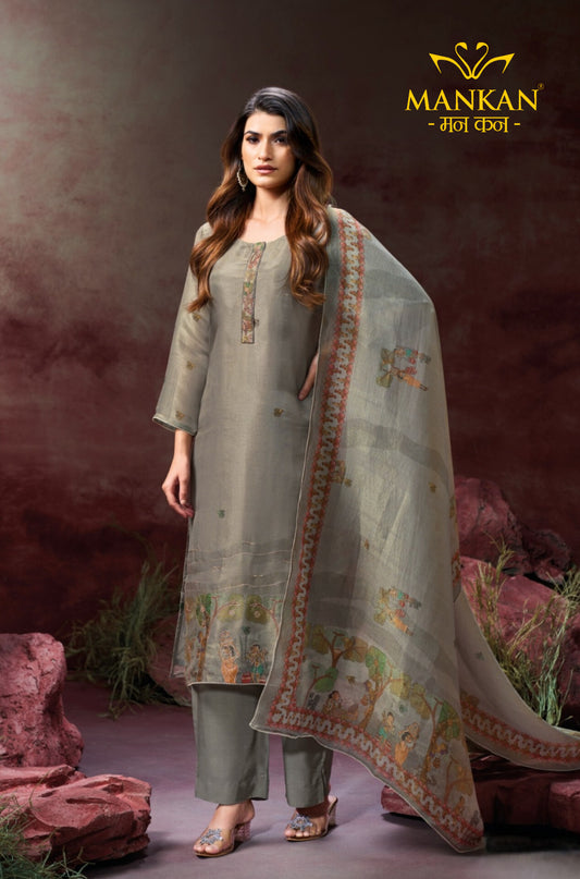 Pure Burberry silk With Madhubani Print (Unstitched Suits)