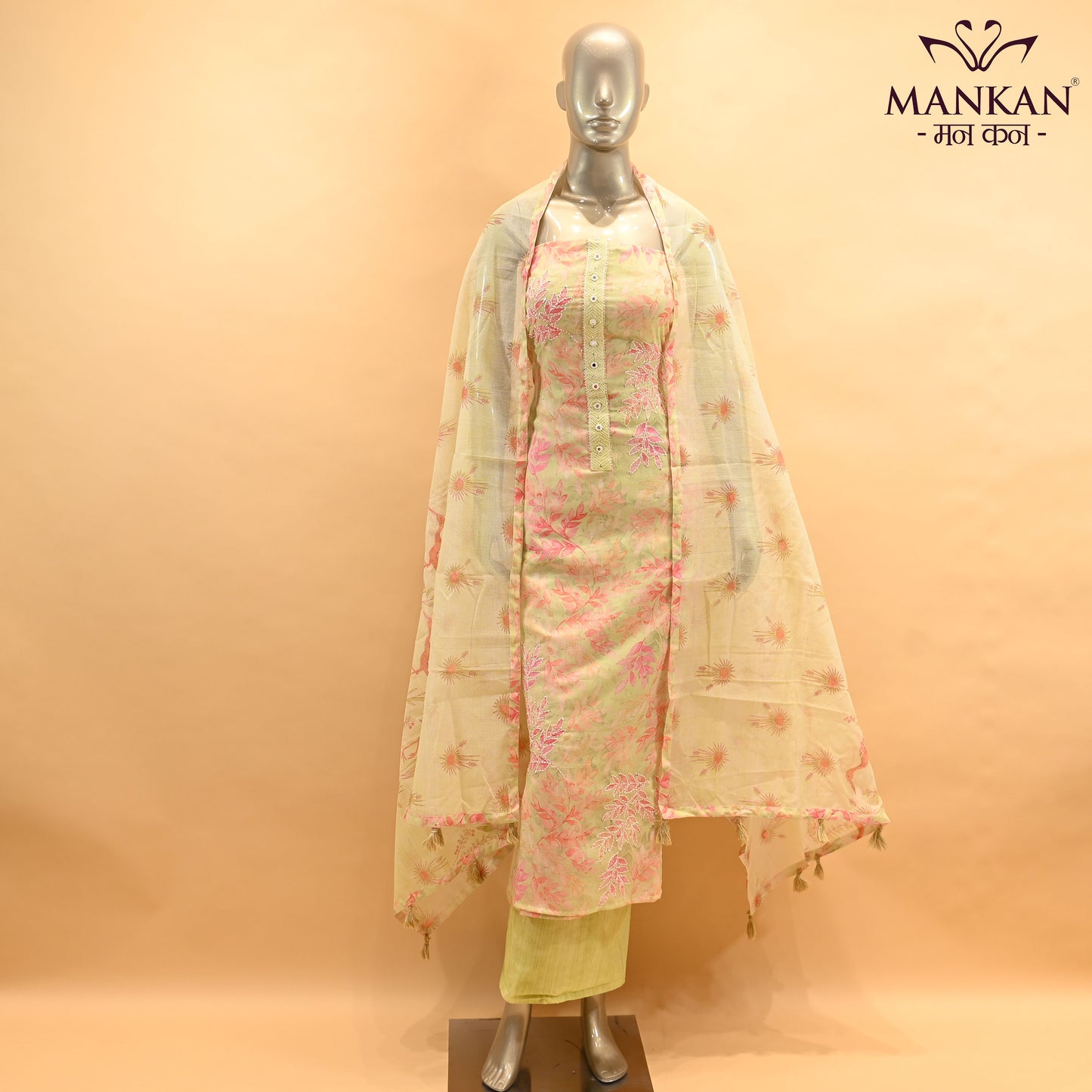 Unstitched Rayon Cotton Suit with Thread Work & Printed Kota Cotton Dupatta