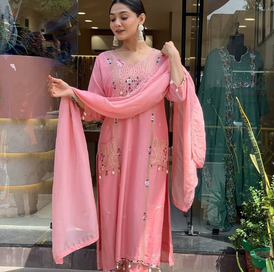 Dola Silk Kurti with Sequence & Pearl Hand Work  Pant Set with Organza Dupatta with thread Lay's