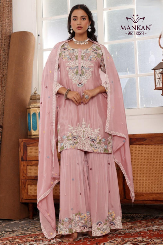 Chinon Sharara Set's Resham thread Hand Work with Dupatta Chinon