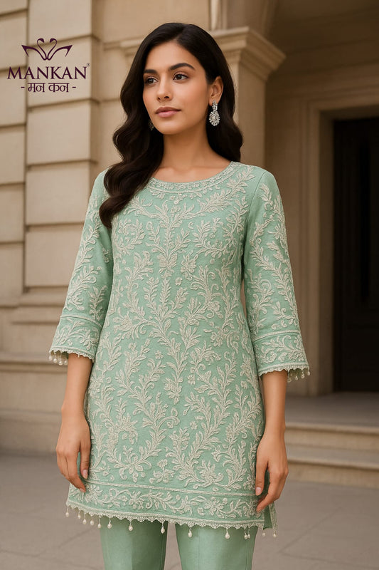 Simar Silk With Trade And Pearl Work Kurti Set