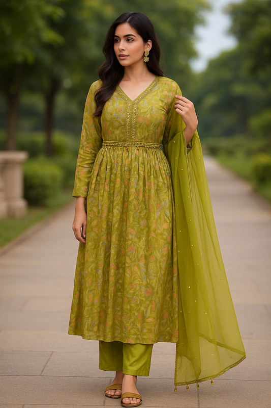 Chinon Frock Set  with Belt & Chiffon Dupatta