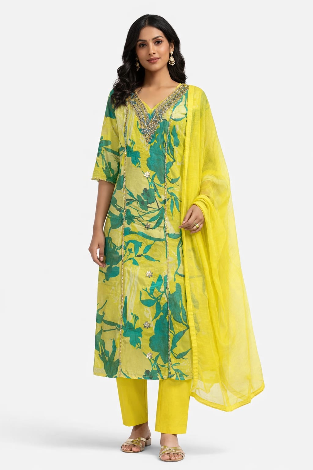 Organza with hand work flora print kurti fabric