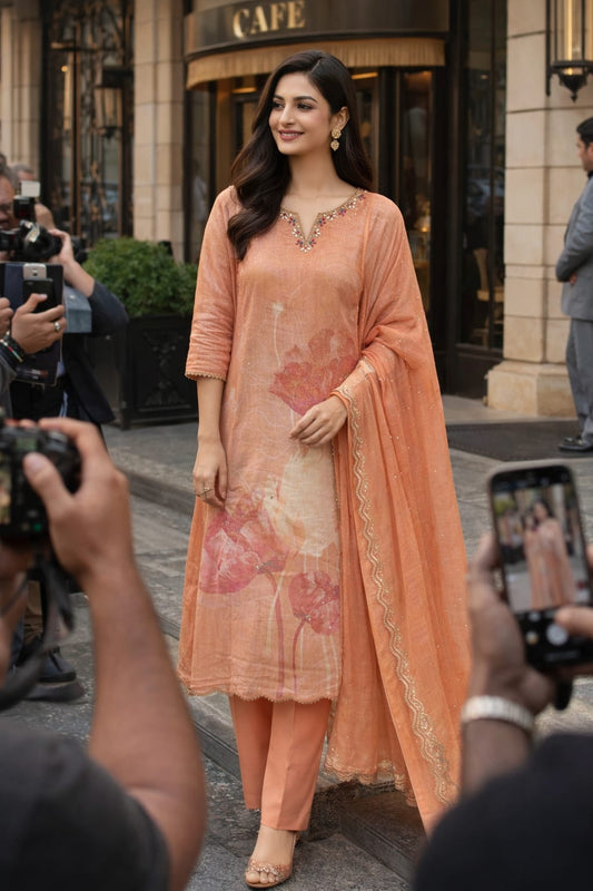 Simar Silk with floral print with hand work suit fabric