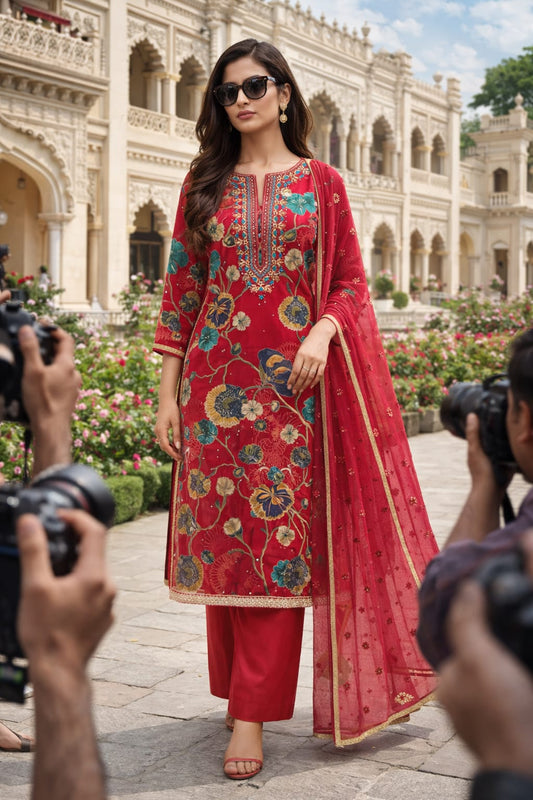 Glace cotton with hand work with floral print suit fabric