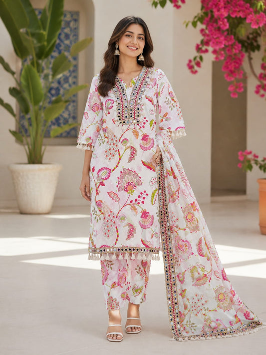 Cotton Mirror Work Kurti Set
