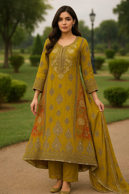 Fabric Crush Simar silk with floral print With Zari work  Dupatta Simar silk floral print